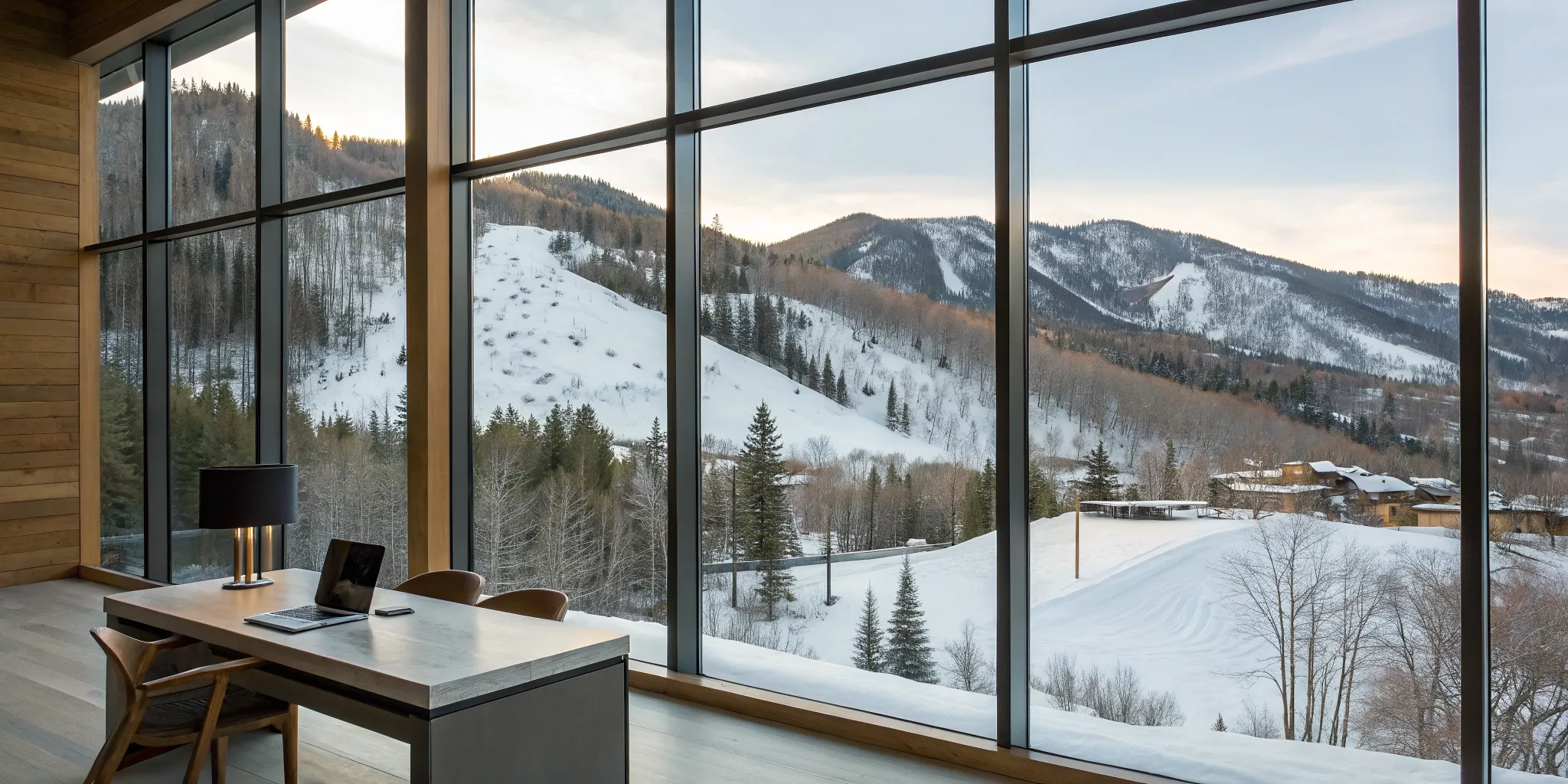 A Canyons Village vacation home office with a view of snowy mountains in winter.
